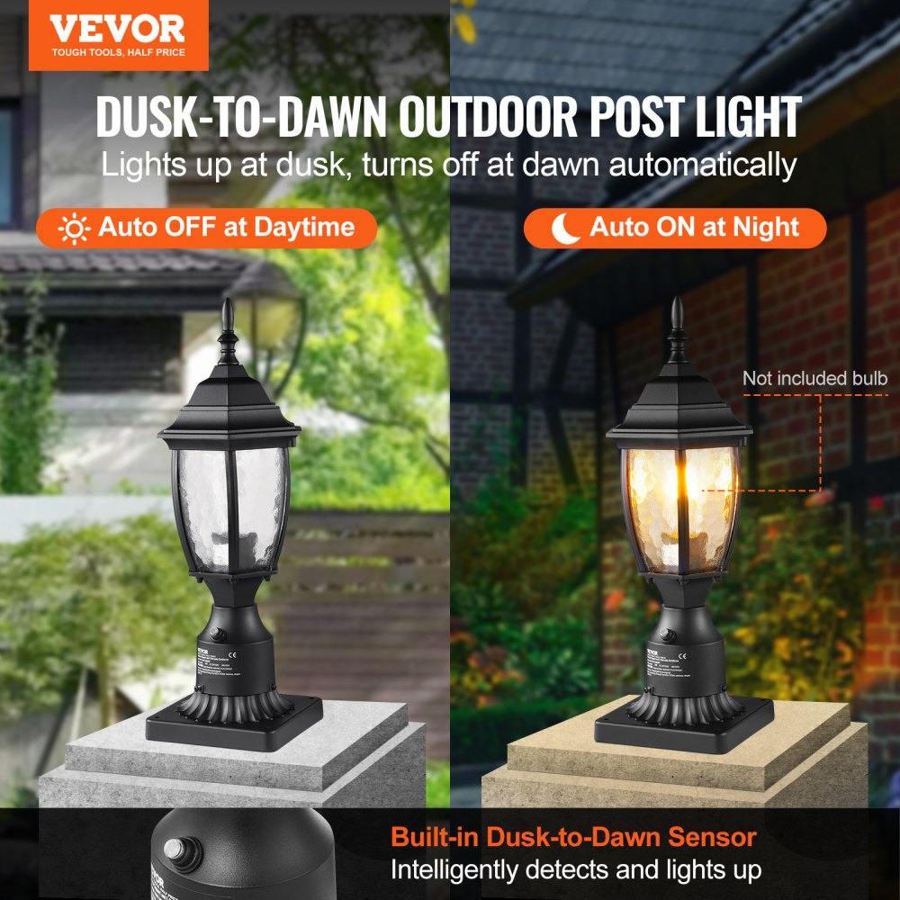 VEVOR Lámpara de poste exterior Dusk to Dawn de 400 mm de altura, resistente al agua, con base de montaje en pilar de 3,5 pulgadas, pantalla de vidrio, luz de columna exterior a prueba de rayos para patio, jardín y camino