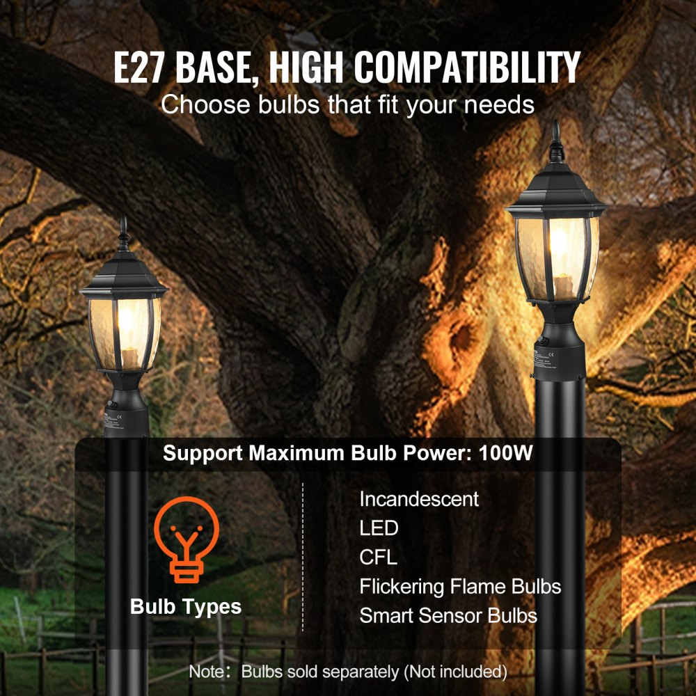 VEVOR Lámpara de poste exterior Dusk to Dawn de 400 mm de altura, resistente al agua, con base de montaje en pilar de 3,5 pulgadas, pantalla de vidrio, luz de columna exterior a prueba de rayos para patio, jardín y camino