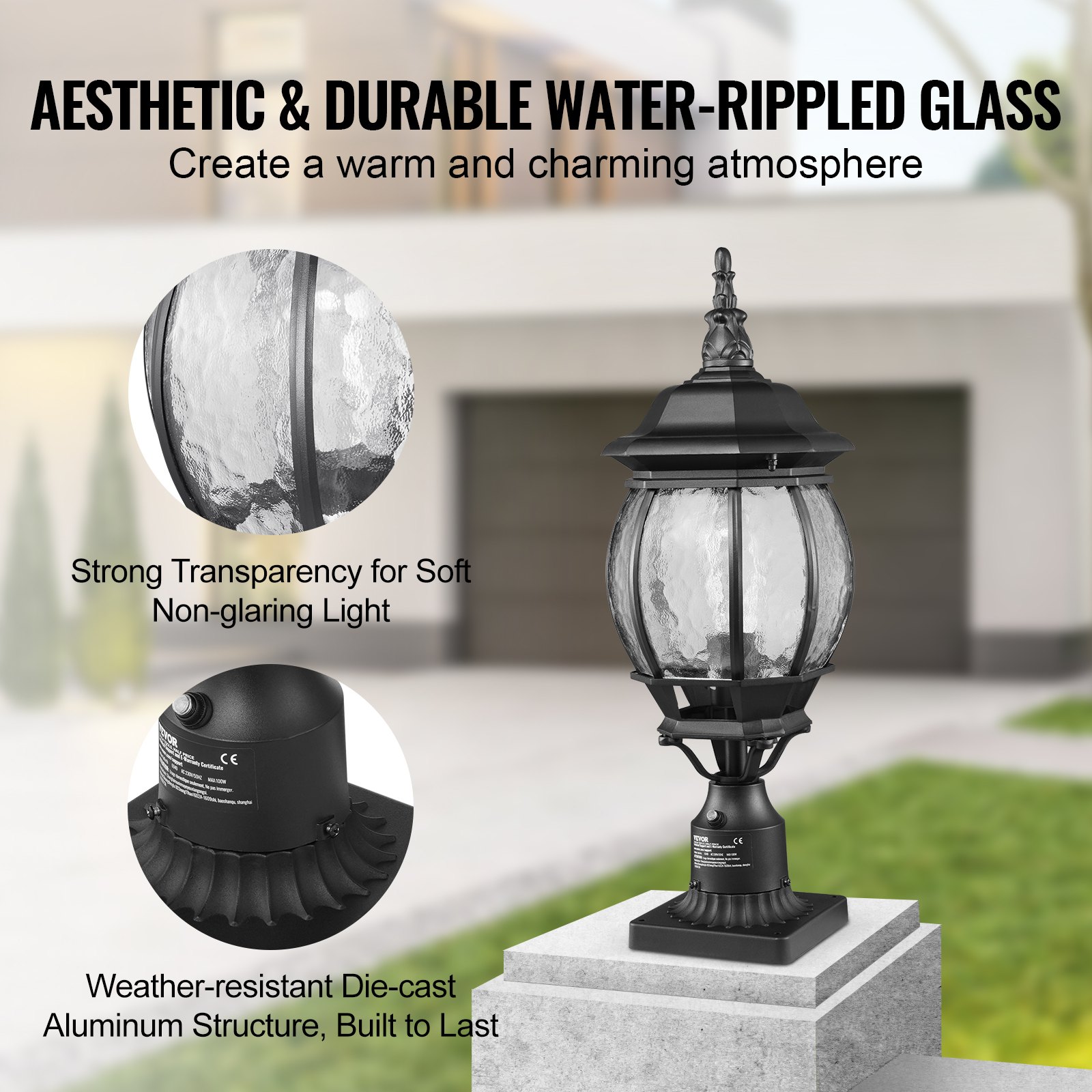 VEVOR 2-Pack Dusk-to-Dawn Outdoor Post Lights, 530 mm, Waterproof Lantern Post Lights with 3.5-Inch Glass Shade on Column Mount, Lightning-Proof Outdoor Pole Column Light for Patios and Garden Paths