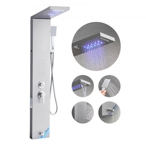 VEVOR Sistema de Ducha con Panel de Ducha Tipo Torre y Cabezal Tipo Cascada con Efecto Lluvia, LED, Acero Inoxidable, 5 Funciones, Montaje Pared, con Boquilla de Mano y Caño para Bañera, Plata