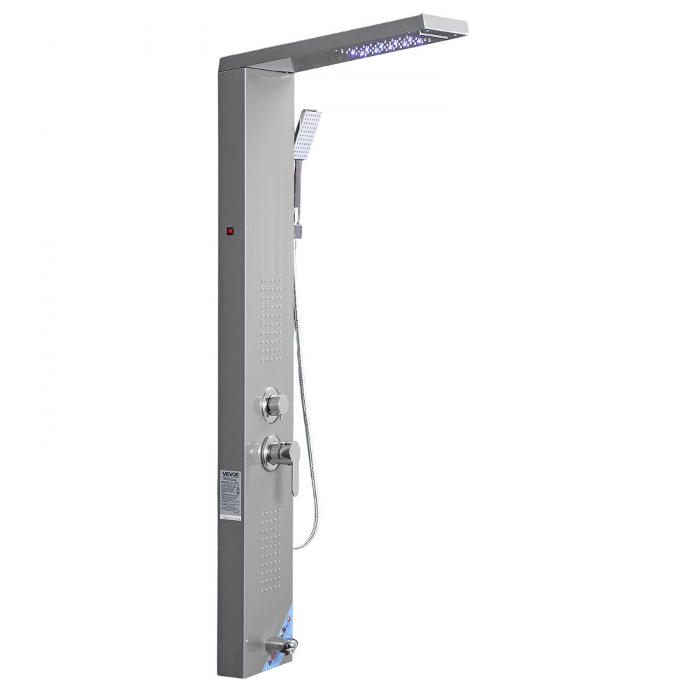 VEVOR Sistema de Ducha con Panel de Ducha Tipo Torre y Cabezal Tipo Cascada con Efecto Lluvia, LED, Acero Inoxidable, 5 Funciones, Montaje Pared, con Boquilla de Mano y Caño para Bañera, Plata