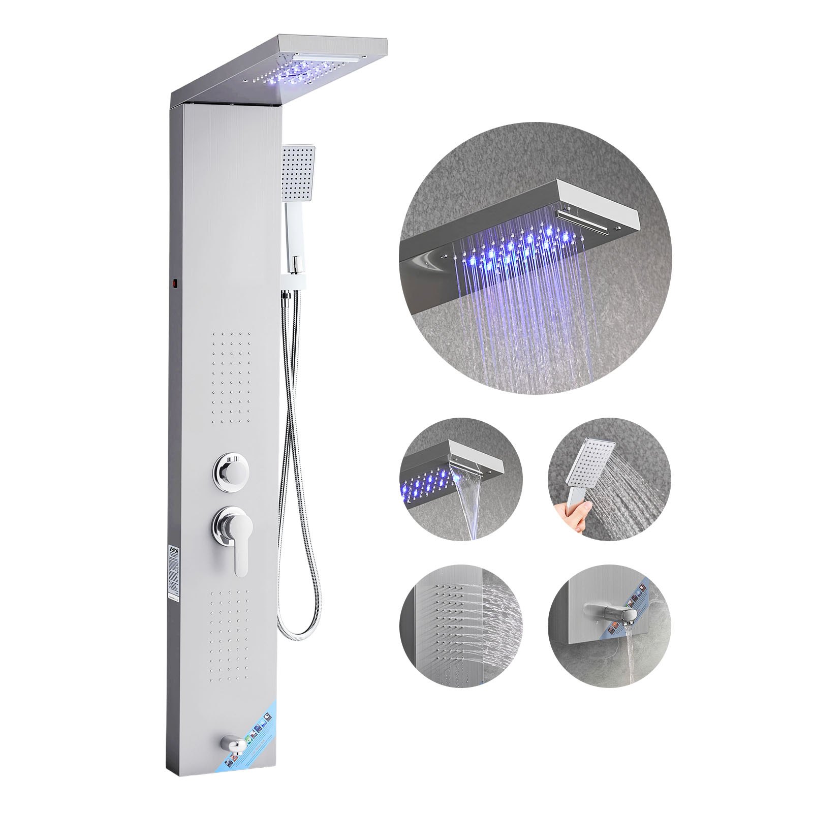 VEVOR Sistema de Ducha con Panel de Ducha Tipo Torre y Cabezal Tipo Cascada con Efecto Lluvia, LED, Acero Inoxidable, 5 Funciones, Montaje Pared, con Boquilla de Mano y Caño para Bañera, Plata
