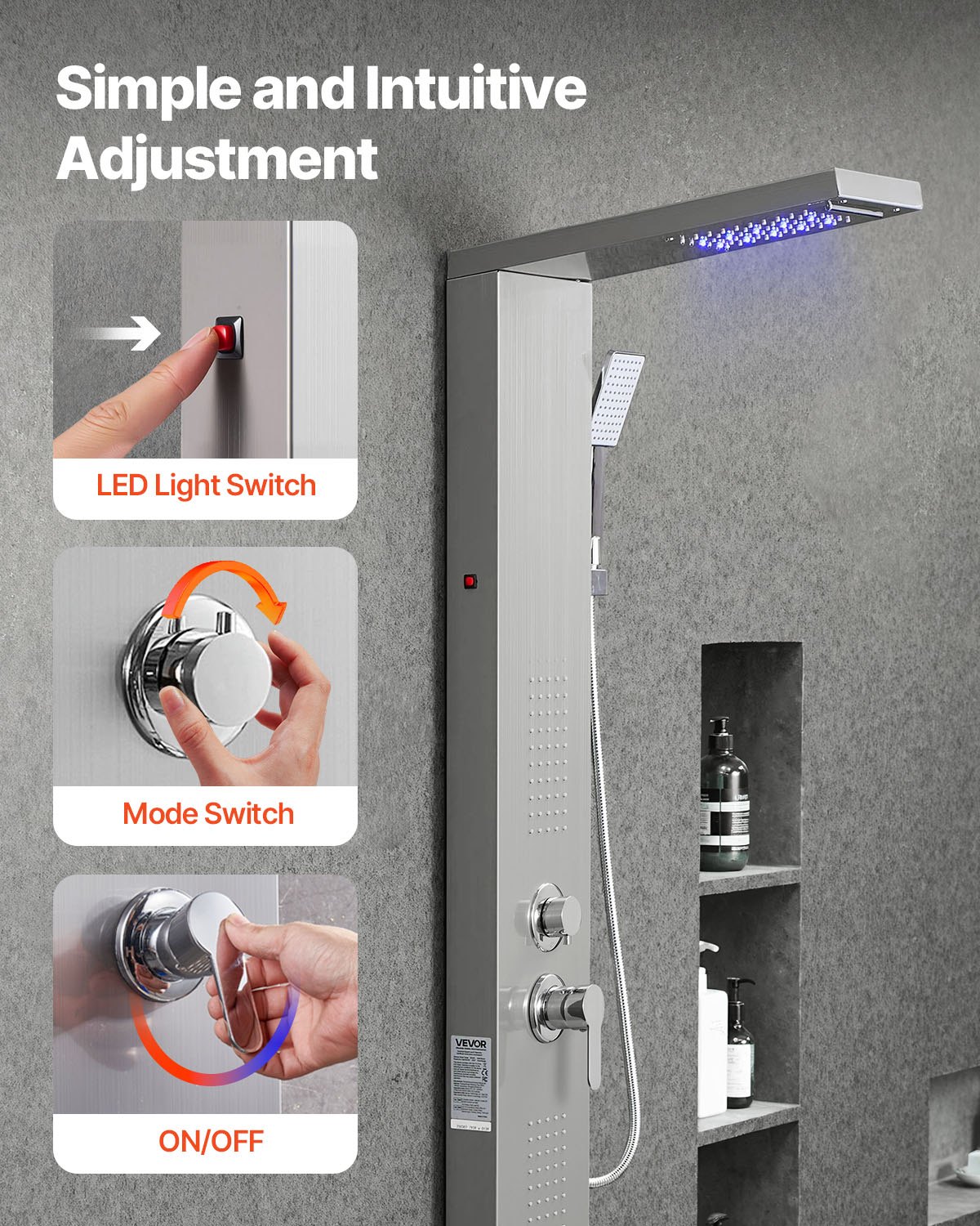 VEVOR Sistema de Ducha con Panel de Ducha Tipo Torre y Cabezal Tipo Cascada con Efecto Lluvia, LED, Acero Inoxidable, 5 Funciones, Montaje Pared, con Boquilla de Mano y Caño para Bañera, Plata