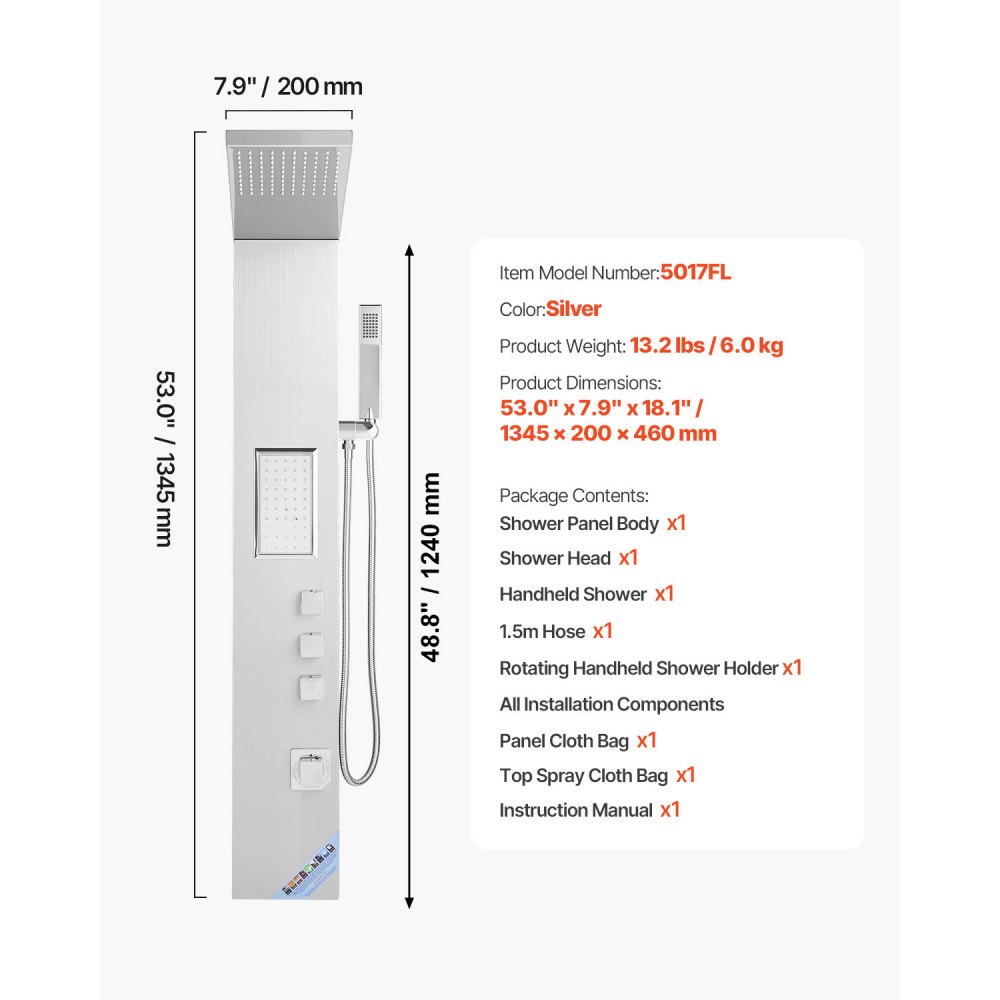 VEVOR Sistema de Ducha con Columna de Acero Inoxidable Cepillado de 135 cm, Cabezal de Ducha Tipo Lluvia, Grifo de 3 Funciones, Montaje en Pared, Chorro de Cuerpo Grande, 1345 x 200 x 460 mm