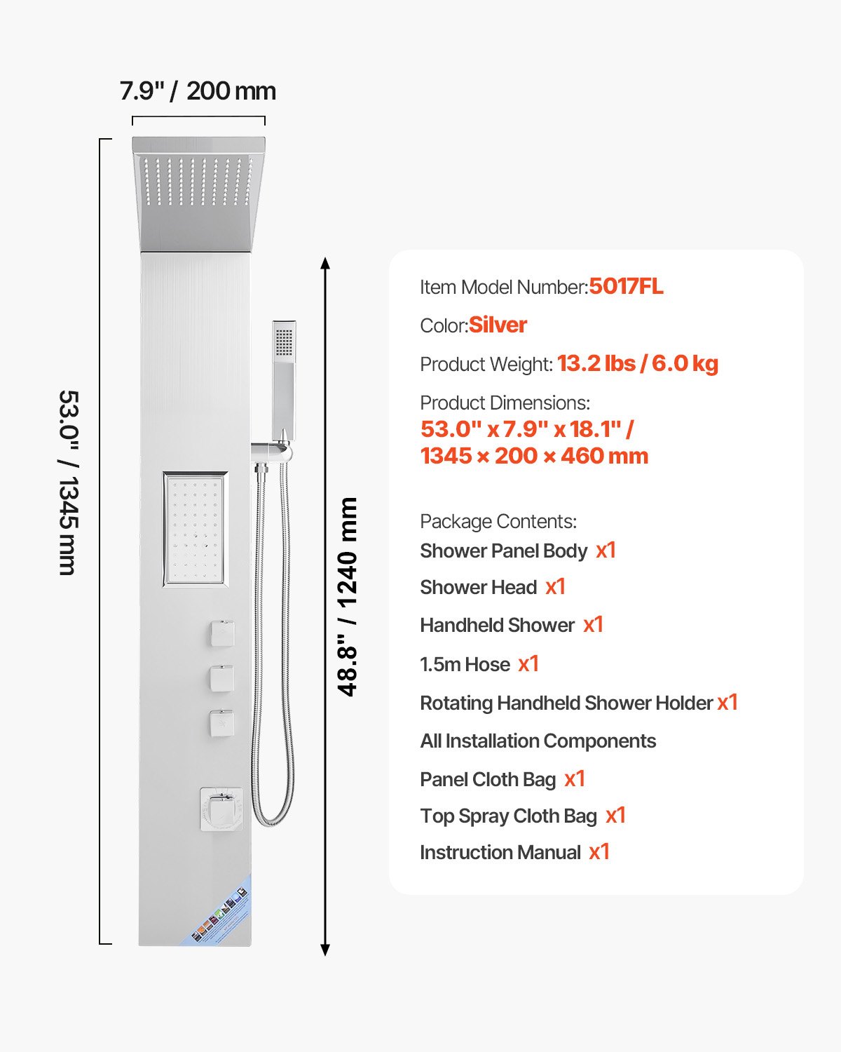 VEVOR Sistema de Ducha con Columna de Acero Inoxidable Cepillado de 135 cm, Cabezal de Ducha Tipo Lluvia, Grifo de 3 Funciones, Montaje en Pared, Chorro de Cuerpo Grande, 1345 x 200 x 460 mm