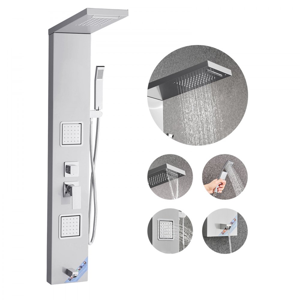VEVOR Sistema de Ducha con Panel Tipo Torre y Cabezal Tipo Cascada, Acero Inoxidable, Grifo de 5 Funciones, con 2 Chorros Corporales, ducha de Mano y Caño de Bañera, 1345 x 200 x 460 mm, Plata