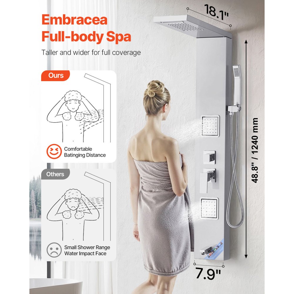 VEVOR Sistema de Ducha con Panel Tipo Torre y Cabezal Tipo Cascada, Acero Inoxidable, Grifo de 5 Funciones, con 2 Chorros Corporales, ducha de Mano y Caño de Bañera, 1345 x 200 x 460 mm, Plata