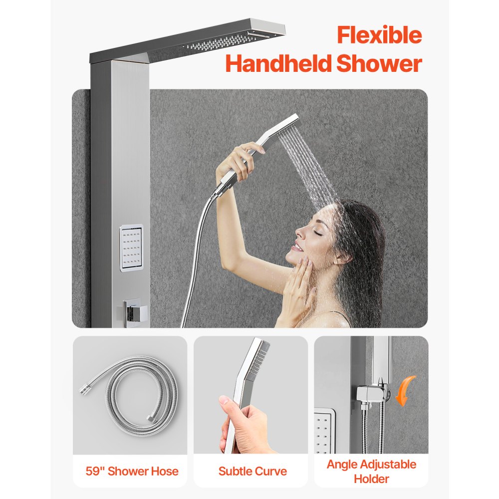 VEVOR Sistema de Ducha con Panel Tipo Torre y Cabezal Tipo Cascada, Acero Inoxidable, Grifo de 5 Funciones, con 2 Chorros Corporales, ducha de Mano y Caño de Bañera, 1345 x 200 x 460 mm, Plata