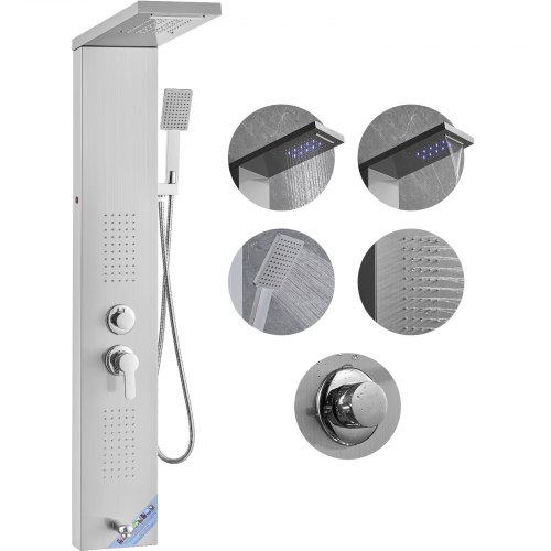 VEVOR Sistema de panel de ducha con 5 modos, torre de panel de ducha LED, lluvia, cascada, 2 chorros de masaje corporal, cabezal de ducha de mano con manguera de 1,5 m, juego de ducha