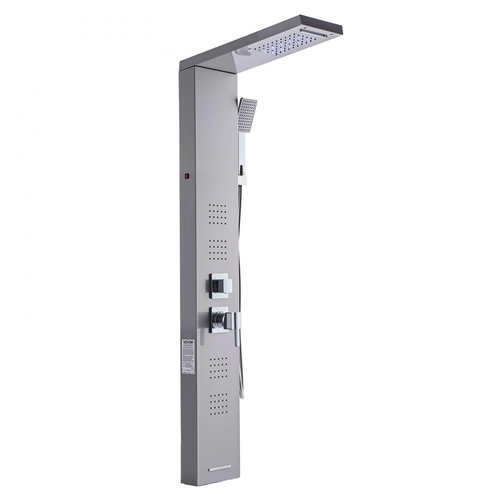VEVOR Sistema de Ducha 5 en 1 con Panel Tipo Torre y Cabezal Tipo Cascada con Efecto Lluvia, LED, Columna de Ducha de Acero Inoxidable Cepillado, Grifo 5 Funciones, con Caño de Mano y de Bañera