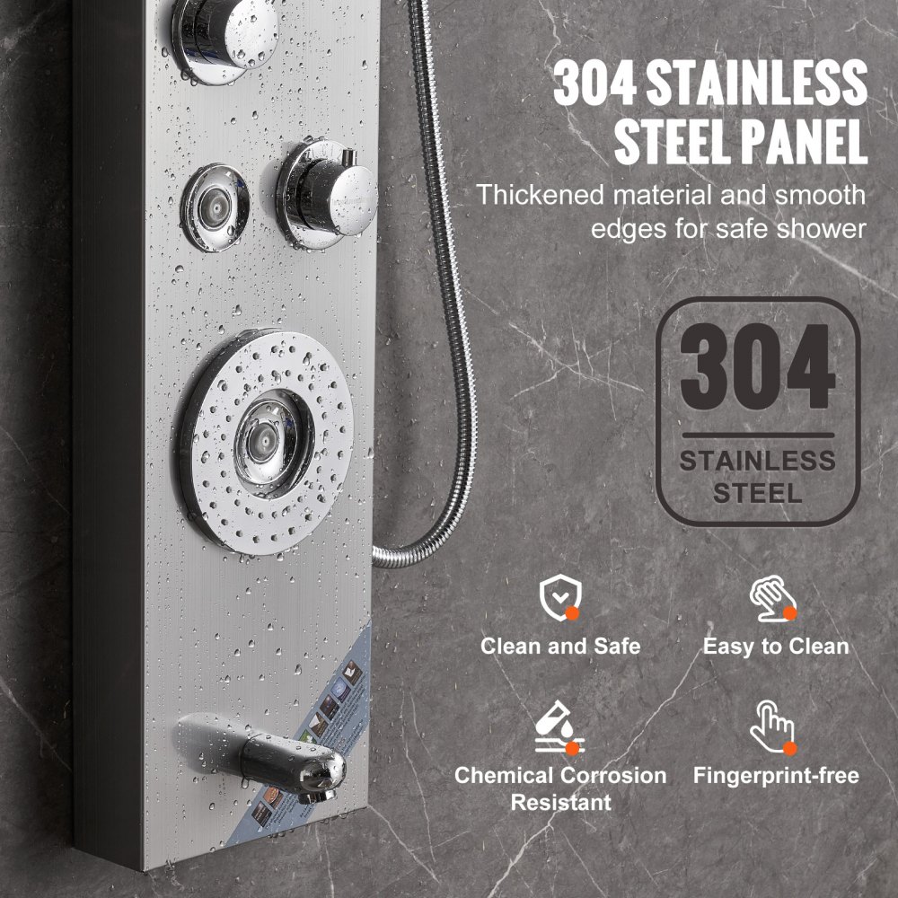 VEVOR Shower Panel System, 6 Shower Modes, LED and Display Shower Panel Tower, Rainfall, Waterfall, 4 Body Massage Jets, Bathtub Spout, Hand Shower, 59-inch Hose, Wall-Mounted Shower Set