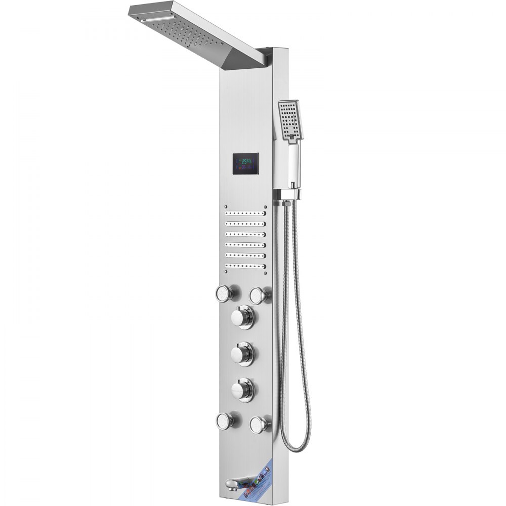 VEVOR Sistema de panel de ducha con 6 modos, panel de ducha hidroeléctrico, pantalla LED, lluvia, cascada, 5 chorros de masaje, caño para bañera, cabezal de ducha de mano, juego de ducha