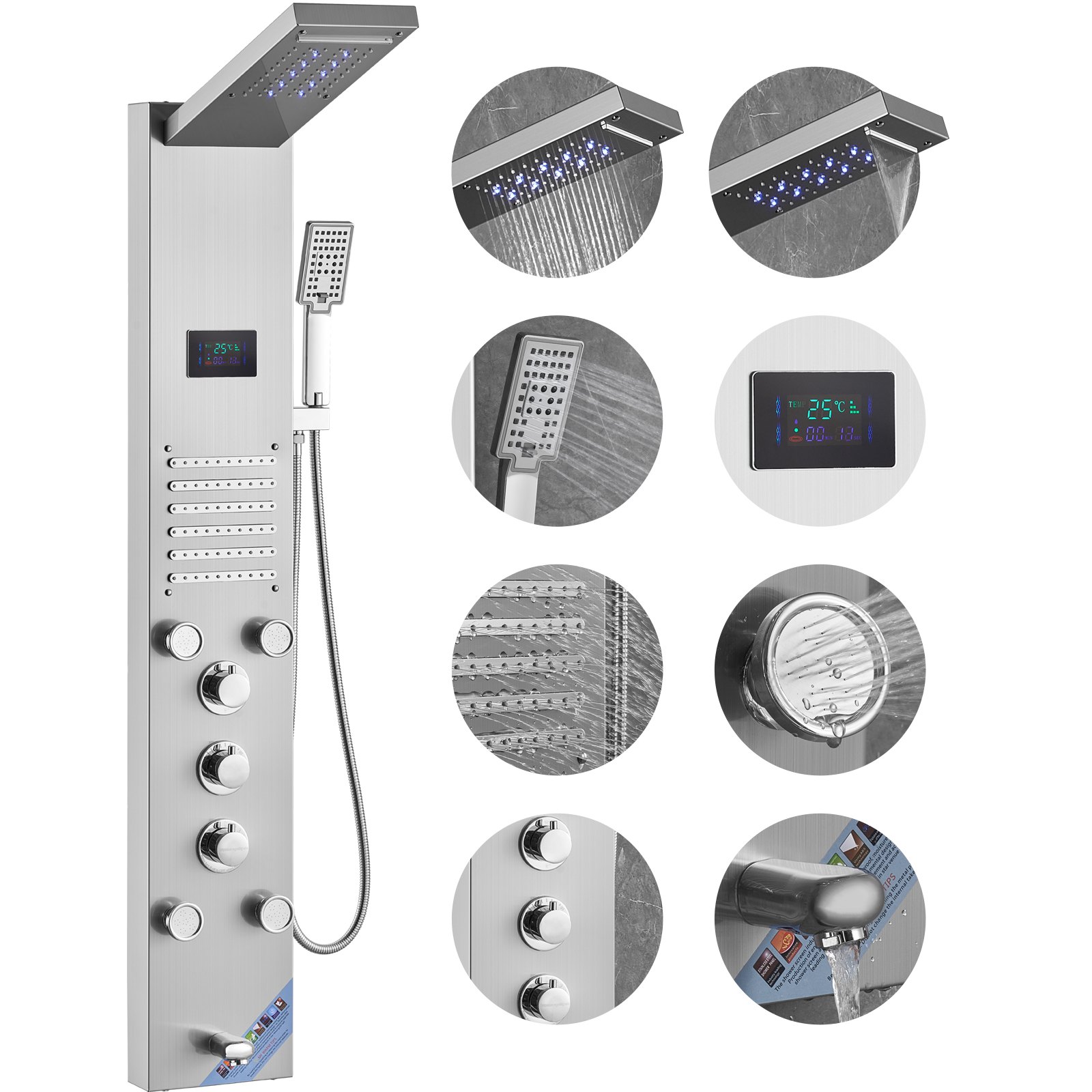 VEVOR Sistema de panel de ducha con 6 modos, panel de ducha hidroeléctrico, pantalla LED, lluvia, cascada, 5 chorros de masaje, caño para bañera, cabezal de ducha de mano, juego de ducha