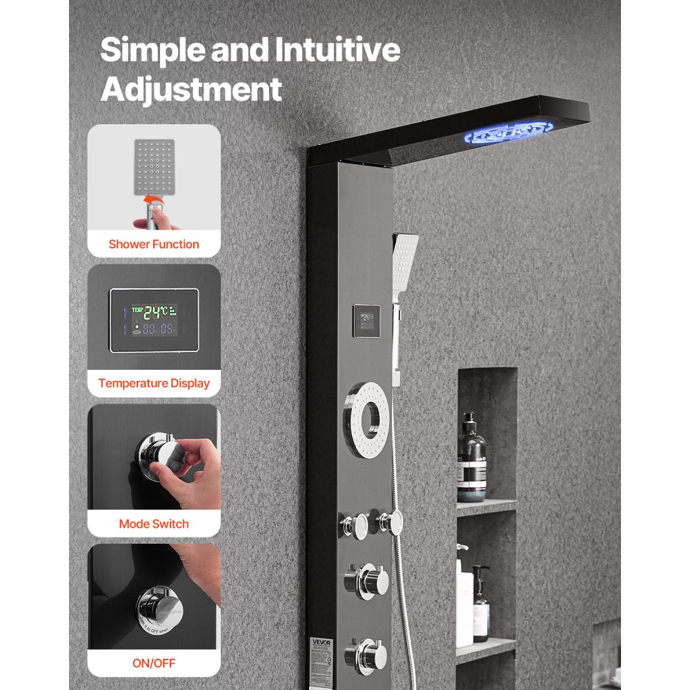 VEVOR Sistema de Ducha 6 en 1 con Columna Tipo Torre con Efecto Lluvia, LED, Columna de Acero Inoxidable Cepillado, Grifo de 6 Funciones, con 5 Chorros Corporales, Ducha de Mano y Caño de Bañera