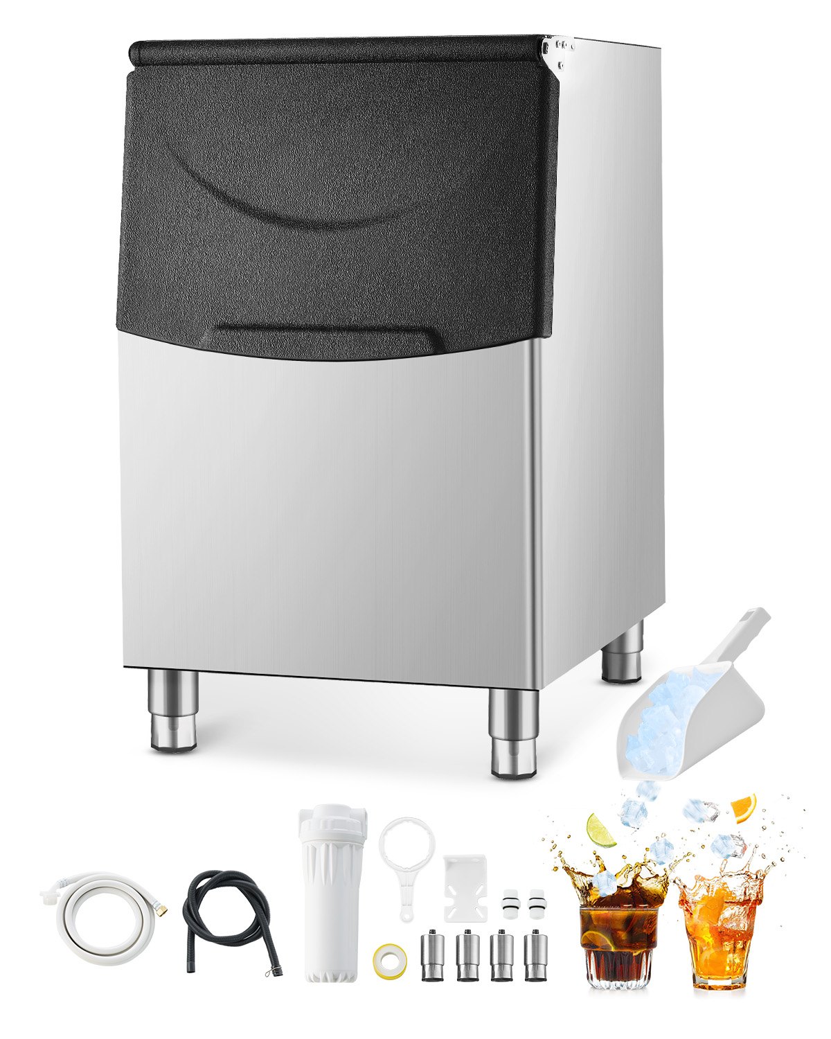 VEVOR Contenedor de Almacenamiento para Máquina de Hielo Capacidad de 250 libras Contenedor de Hielo de Acero Inoxidable con Filtro y Patas de Goma Antideslizantes para Restaurantes, Hoteles, Bares