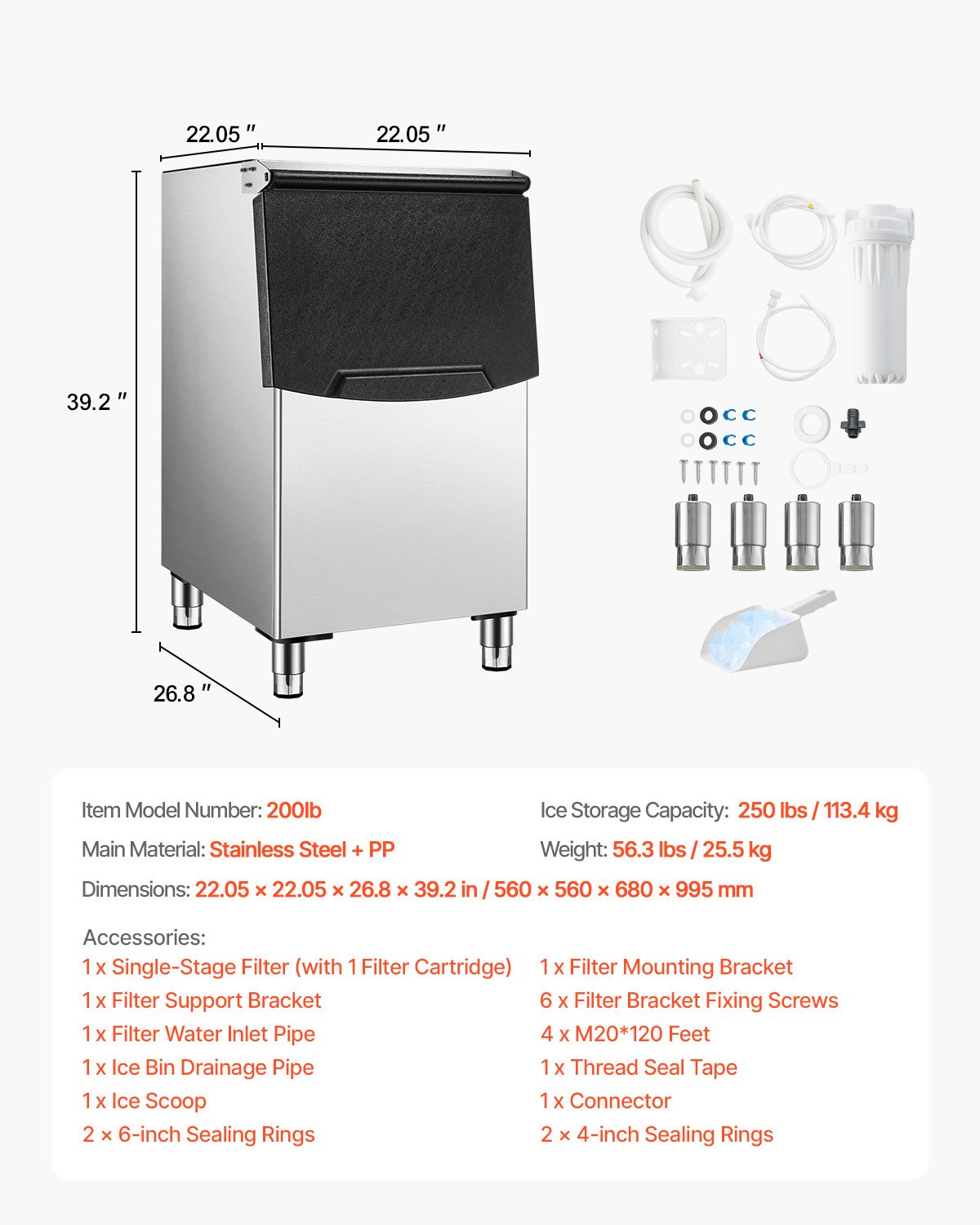 VEVOR Storage Container for Commercial Ice Cube Makers, Ice Bin with 113.4 kg Capacity, Ice Storage Container with Filter & Non-Slip Rubber Feet, for Restaurants, Hotels, and Beverage Shops