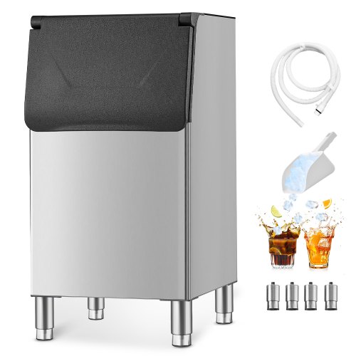 VEVOR Contenedor de Hielo para Máquina de Hielo, Capacidad 136 kg, con Patas de Goma Antideslizantes Ajustables, Apto para Restaurantes, Hoteles y Tiendas de Bebidas, 580 x 668 x 1105 mm, Plata