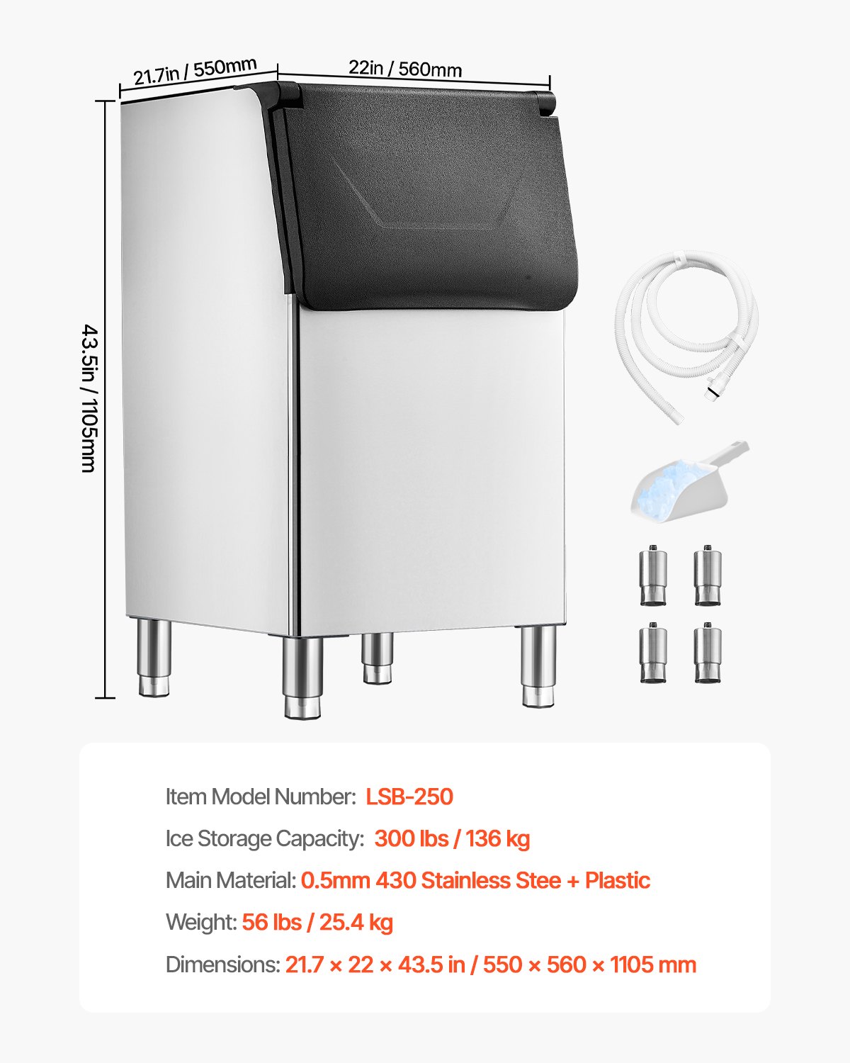 VEVOR Commercial Ice Maker Storage Bin, 136 kg Capacity Ice-Bin, Commercial Ice Storage Bin with Adjustable Anti-slip Rubber Feet, Suitable for Restaurant Hotel and Beverage Shops