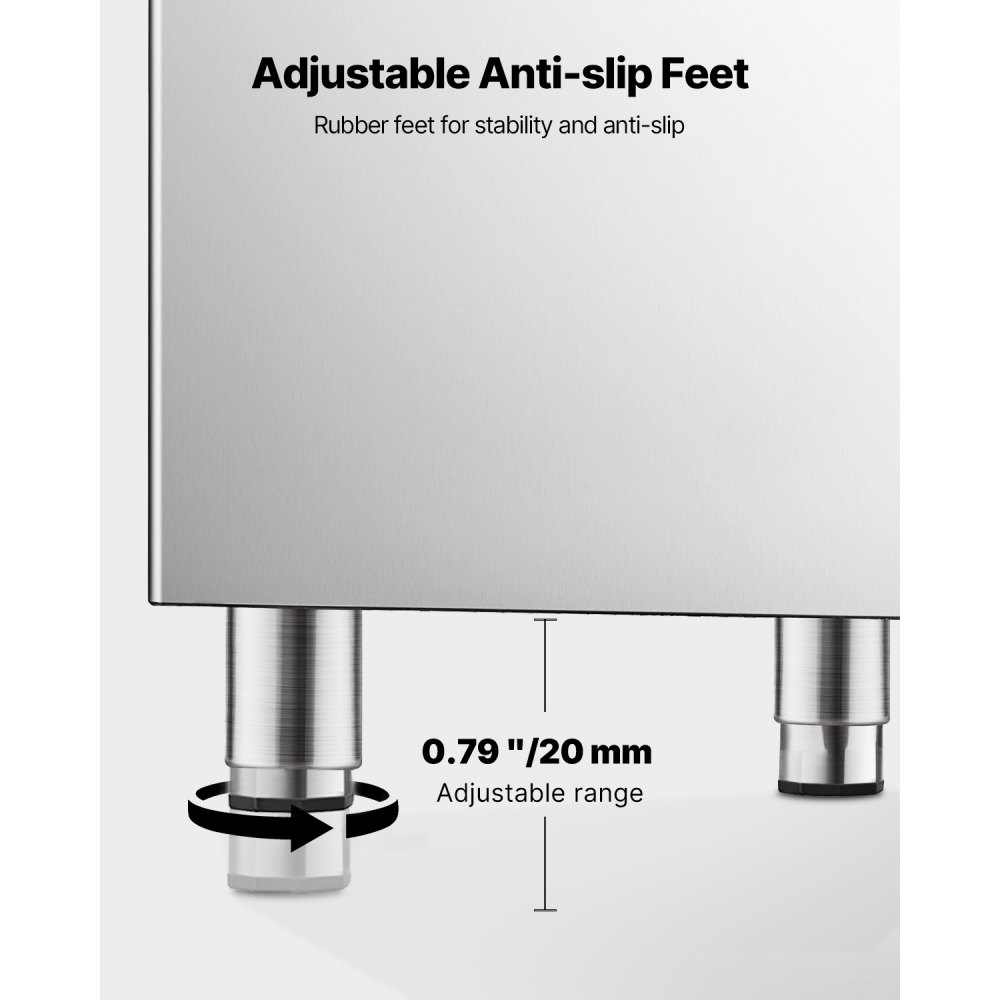 VEVOR Contenedor de Almacenamiento para Máquina de Hielo Capacidad de 113 kg Contenedor de Hielo de Acero Inoxidable con Patas de Goma Antideslizantes Altura Ajustable para Restaurante, Hotel, Bar