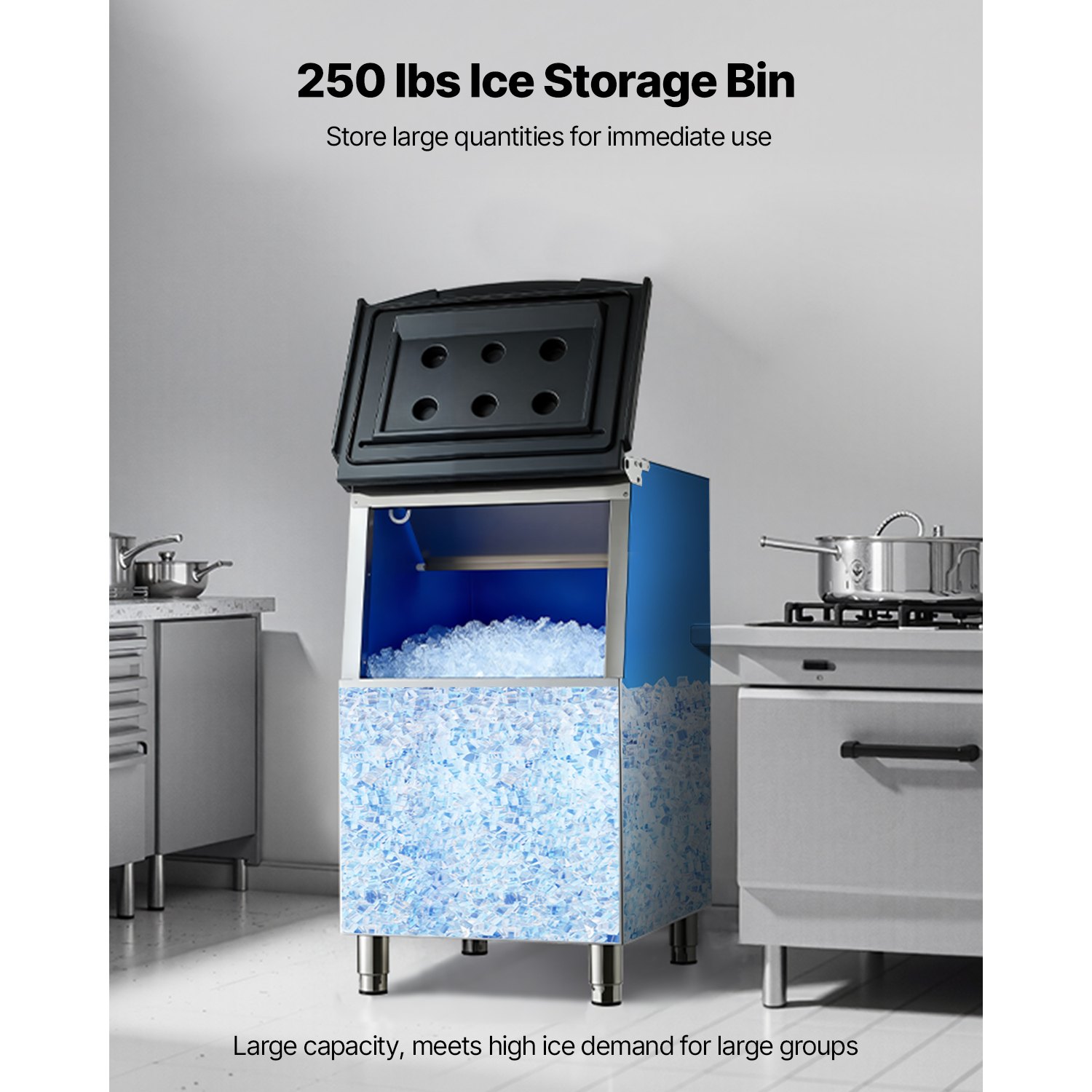 VEVOR Contenedor de Almacenamiento para Máquina de Hielo Capacidad de 113 kg Contenedor de Hielo de Acero Inoxidable con Patas de Goma Antideslizantes Altura Ajustable para Restaurante, Hotel, Bar