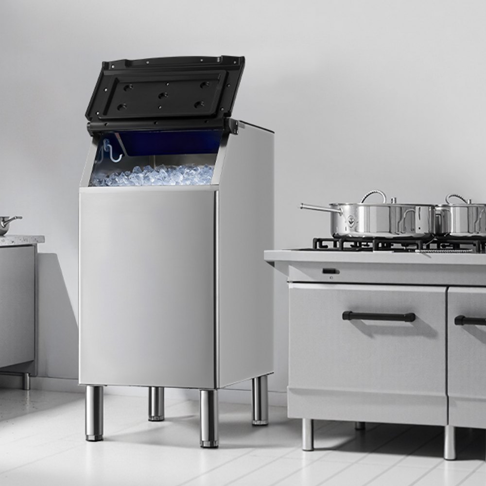 VEVOR Contenedor de Almacenamiento para Máquina de Hielo Capacidad de 136 kg Contenedor de Hielo de Acero Inoxidable con Filtro y Patas de Goma Antideslizantes para Restaurantes, Hoteles, Bares