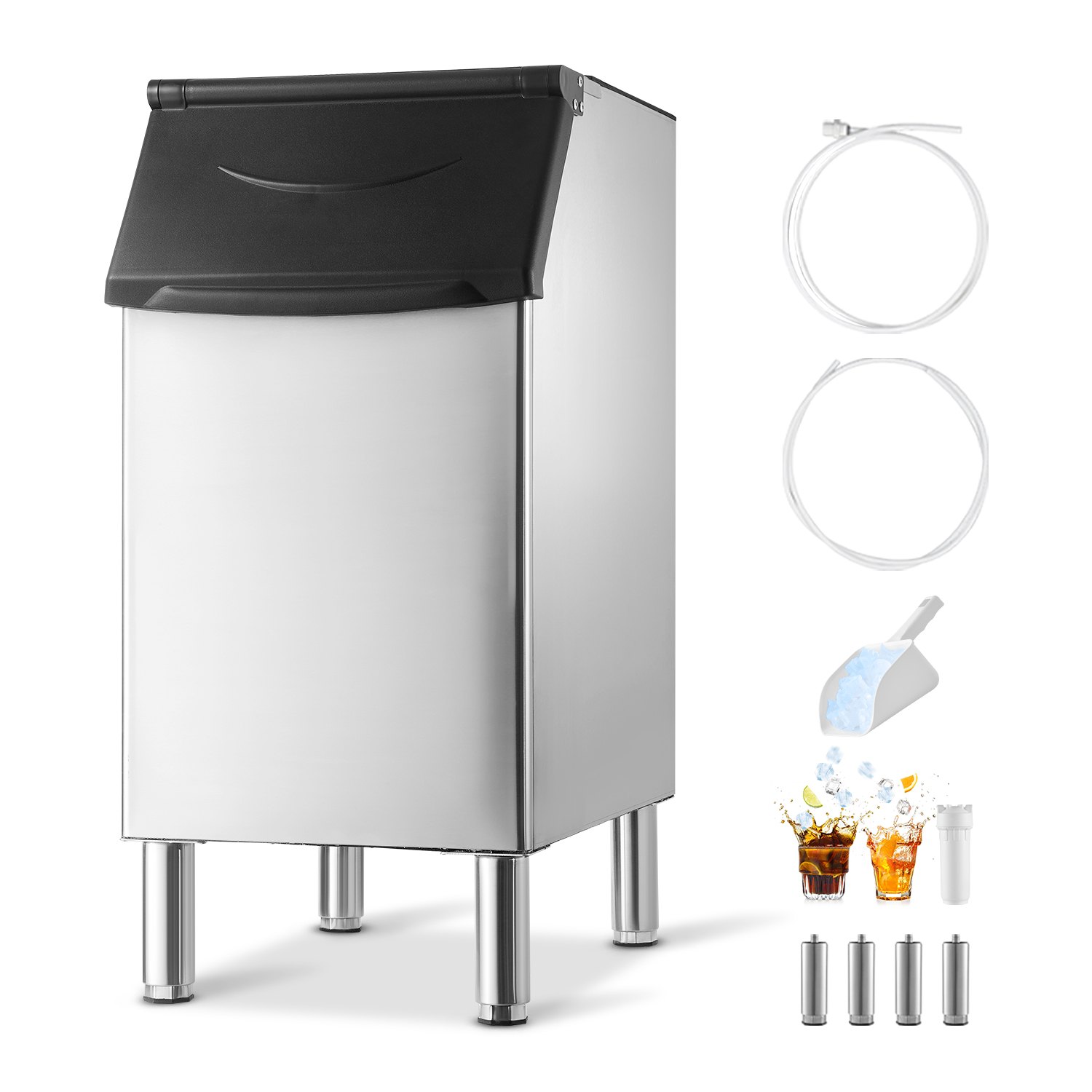 VEVOR Contenedor de Almacenamiento para Máquina de Hielo Capacidad de 136 kg Contenedor de Hielo de Acero Inoxidable con Filtro y Patas de Goma Antideslizantes para Restaurantes, Hoteles, Bares