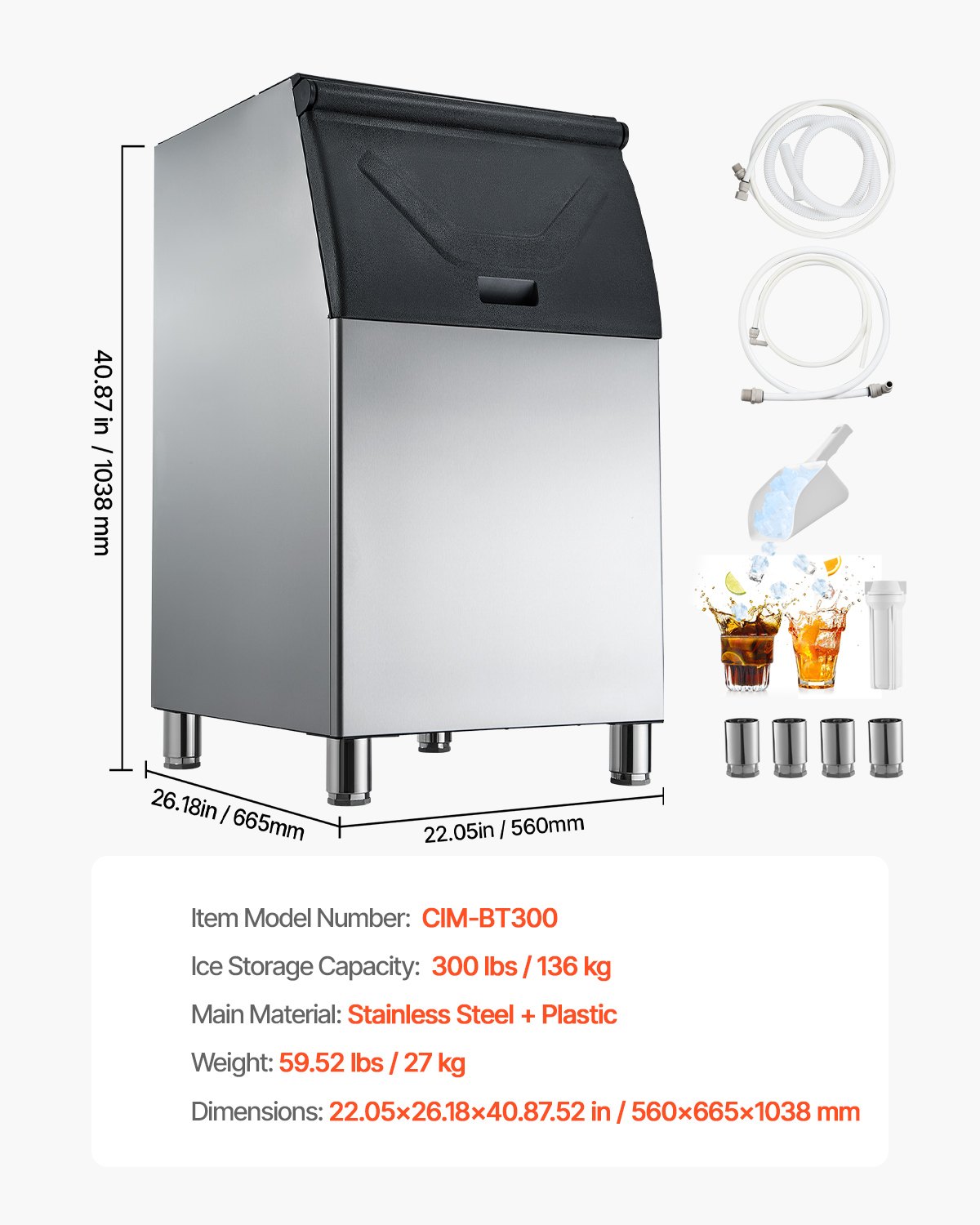 VEVOR Commercial Ice Maker Storage Bin, 136 KG Capacity Stainless Steel Ice-Bin, Commercial Ice Storage Bin with Adjustable Anti-slip Rubber Feet, Suitable for Restaurant, Hotel and Beverage Shops