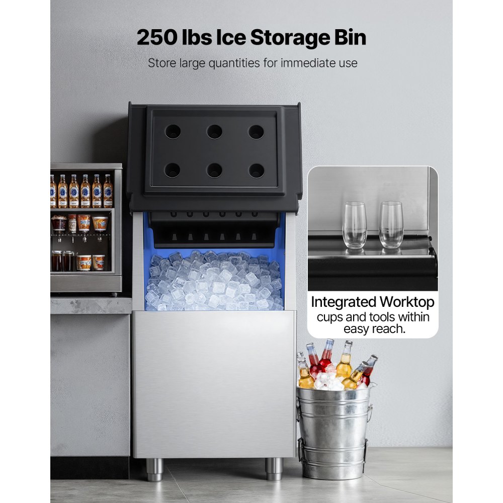 VEVOR Contenedor de Almacenamiento para Máquina de Hielo Capacidad de 113 kg, Contenedor de Hielo de Acero Inoxidable con Patas de Goma Antideslizantes Ajustables para Restaurantes, Hoteles, Bares