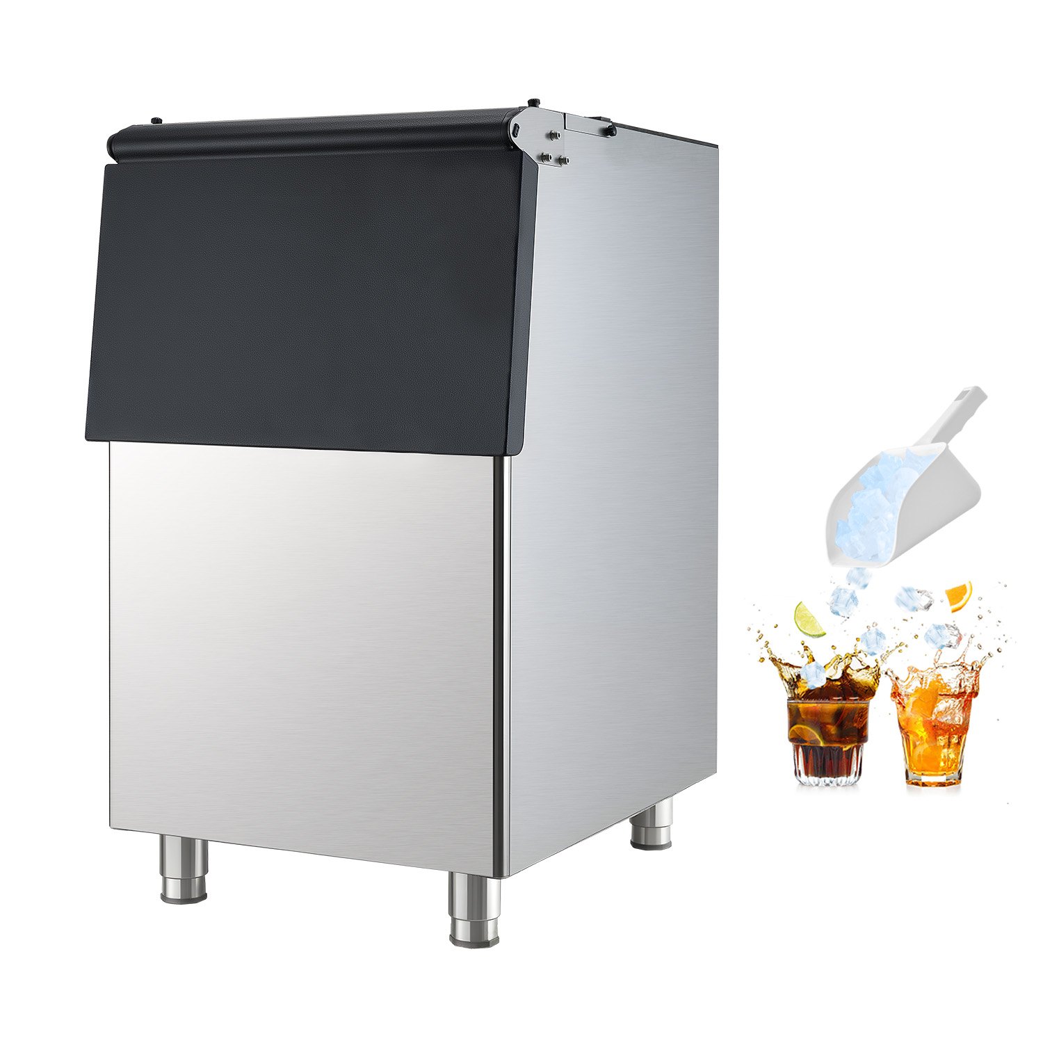 VEVOR Contenedor de Almacenamiento para Máquina de Hielo Capacidad de 113 kg, Contenedor de Hielo de Acero Inoxidable con Patas de Goma Antideslizantes Ajustables para Restaurantes, Hoteles, Bares