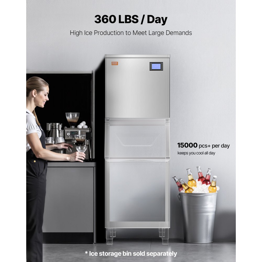 VEVOR Máquina para Fabricar Hielo 360 ​​libras/día Máquina de Hielo de Acero Inoxidable 560 mm Autolimpiante Programada Máquina de Cubitos de Hielo Modular para Restaurantes Hoteles (Solo Cabezal)