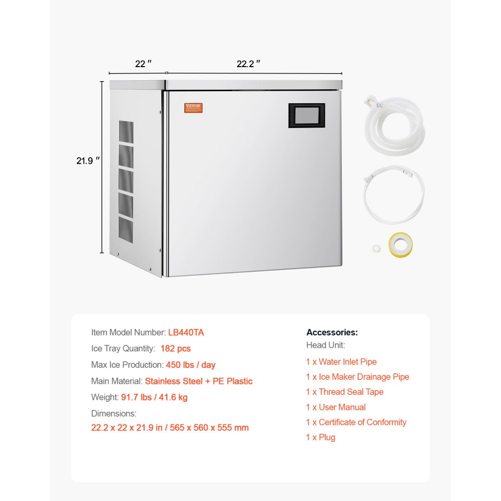 VEVOR Máquina para Fabricar Hielo 450 ​​libras/día Máquina de Hielo de Acero Inoxidable 560 mm Autolimpiante Programada Máquina de Cubitos de Hielo Modular para Restaurantes Hoteles (Solo Cabezal)