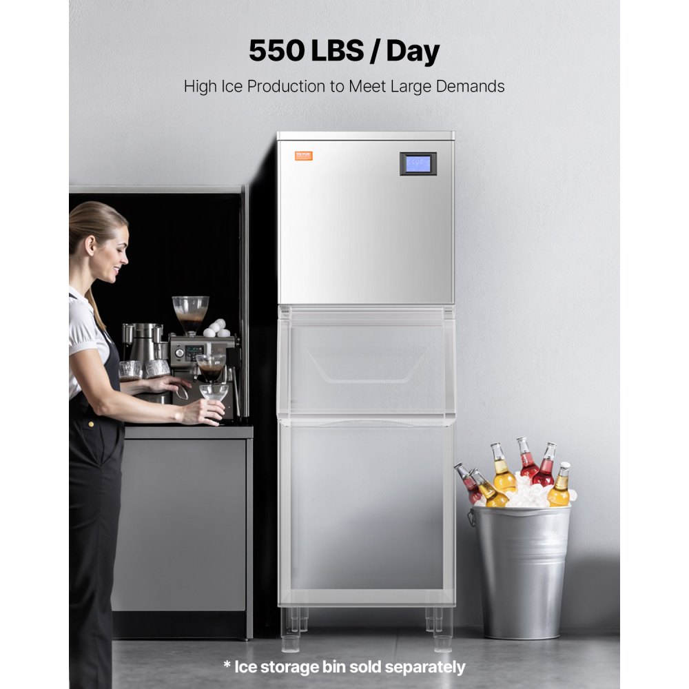 VEVOR Máquina para Fabricar Hielo 550 ​​libras/día Máquina de Hielo de Acero Inoxidable 560 mm Autolimpiante Programada Máquina de Cubitos de Hielo Modular para Restaurantes Hoteles (Solo Cabezal)
