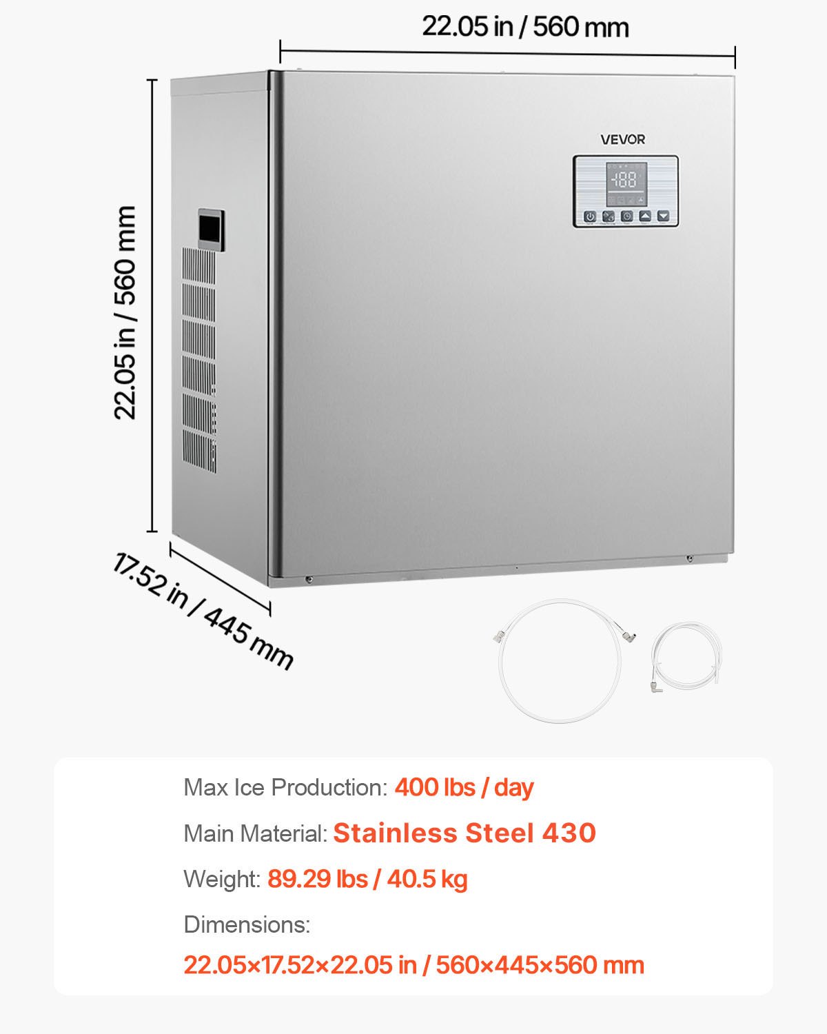 VEVOR Máquina para Fabricar Hielo 181 kg/día Máquina de Hielo de Acero Inoxidable 560 mm Autolimpiante Programada Máquina de Cubitos de Hielo Modular para Restaurantes Hoteles (Solo Cabezal)