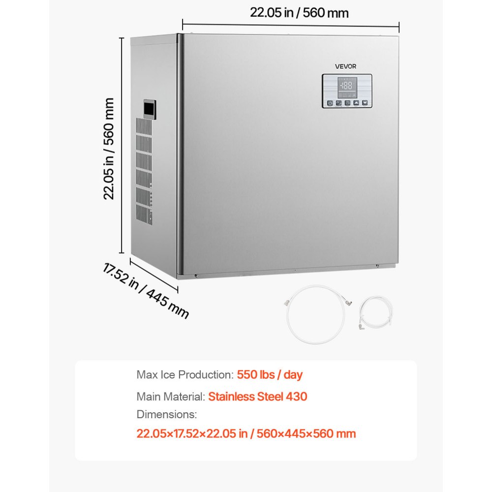 VEVOR Máquina para Fabricar Hielo 250 kg/día Máquina de Hielo de Acero Inoxidable 560 mm Autolimpiante Programada Máquina de Cubitos de Hielo Modular para Restaurantes Hoteles (Solo Cabezal)