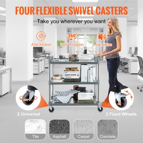VEVOR Carro de Servicio Utilitario con Ruedas de 3 Niveles 101 x 49 x 98 cm Gris