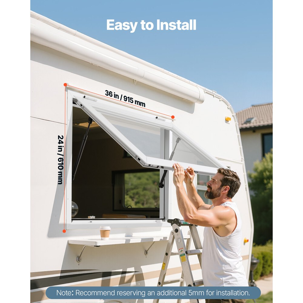 VEVOR Concession Window 92x61 cm, Aluminum Alloy Frame Service Window for Food Truck, Up to 85 Degrees Stand Serving Window with Awning Door and Drag Hook, Rainwater Resistant for Concession Trailers