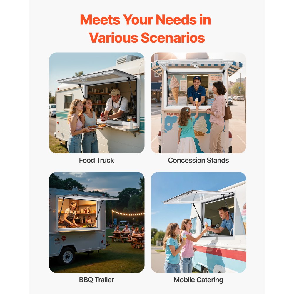 VEVOR Concession Window 92x61 cm, Aluminum Alloy Frame Service Window for Food Truck, Up to 85 Degrees Stand Serving Window with Awning Door and Drag Hook, Rainwater Resistant for Concession Trailers