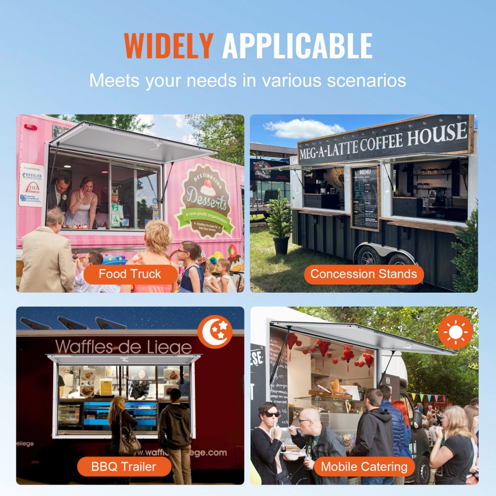 VEVOR Food Truck Window 36"x24", Aluminum Alloy Food Truck Service Window with Awning Door and Pull Hook, Swivels up to 85 Degrees Serving Window for Food Trucks and Food Trailers, Glass Not Included