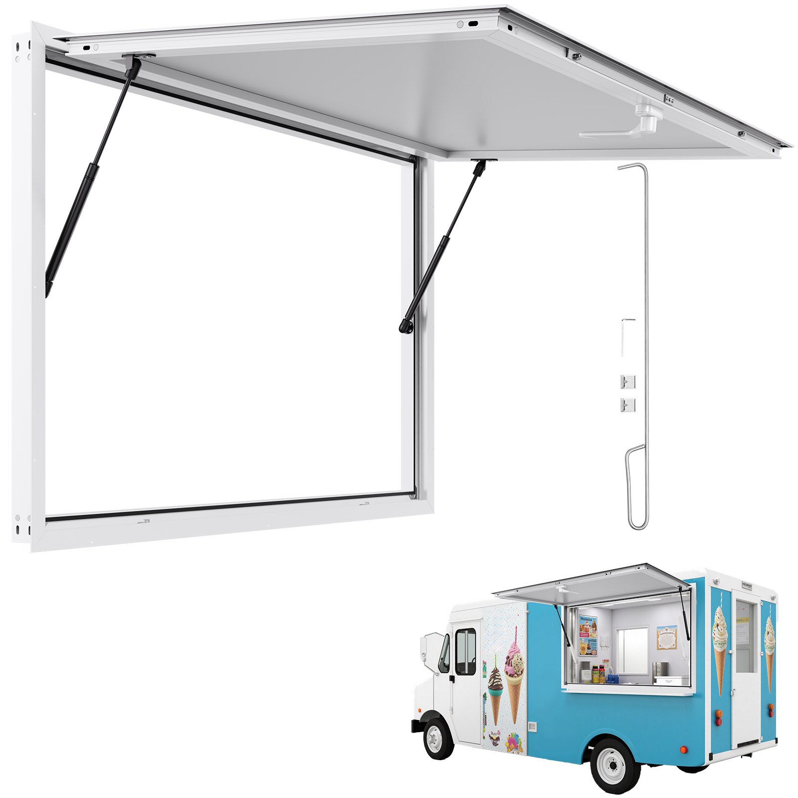 VEVOR Concession Window 135x84 cm, Aluminum Alloy Frame Service Window for Food Truck, Up to 85 Degrees Stand Serving Window with Awning Door and Drag Hook, Rainwater Resistant for Concession Trailer