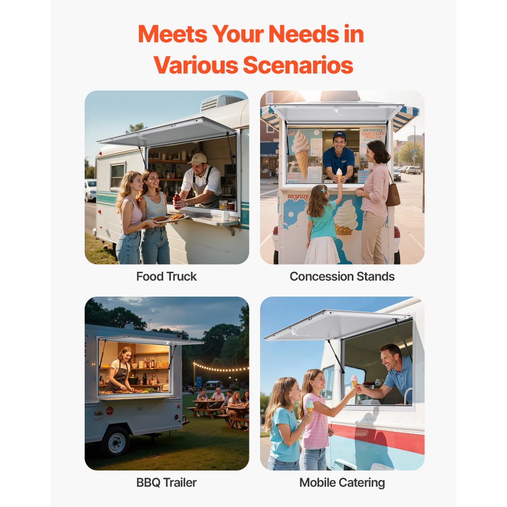 VEVOR Concession Window 152x92 cm, Aluminum Alloy Frame Service Window for Food Truck, Up to 85 Degrees Stand Serving Window with Awning Door and Drag Hook, Rainwater Resistant for Concession Trailer