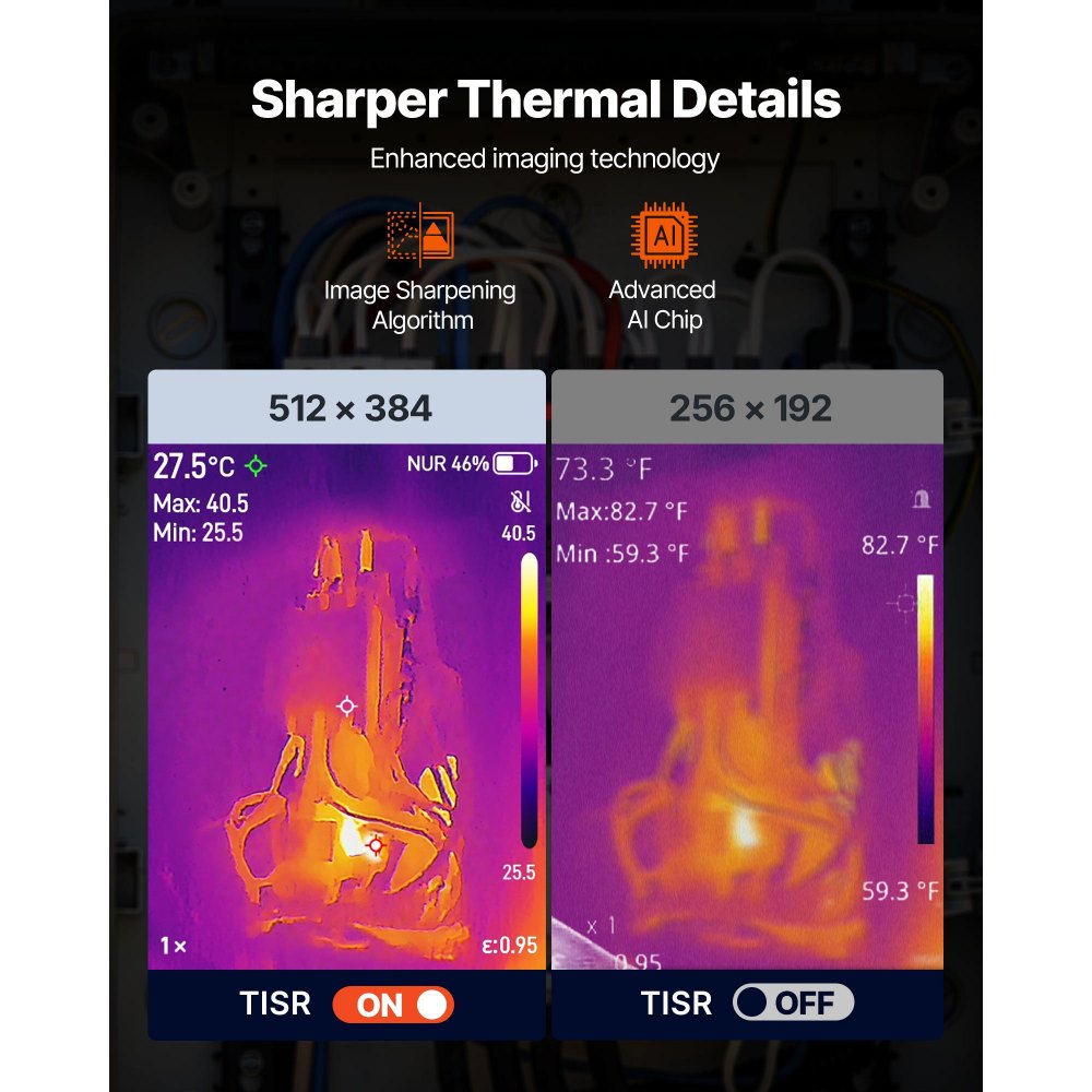 VEVOR Cámara termográfica, superresolución TISR 512 x 384, con cámara visual de 2 MP, resolución IR de 256 x 192, y frecuencia de actualización de 25 Hz, de -20 °C a 550 °C, 4 modos de imagen