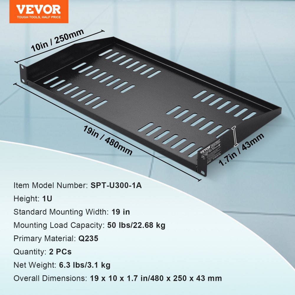 VEVOR Estante para rack de servidor 2 piezas 1U, profundidad de 10"/254 mm, capacidad de carga máxima de 23 kg /50 lb, estante para montaje en pared o en voladizo ventilado con bandeja, buena circulación de aire para gabinete de red de 19" o rack de equipos