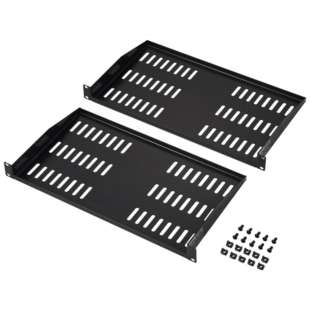 VEVOR Estante para rack de servidor 2 piezas 1U, profundidad de 10"/254 mm, capacidad de carga máxima de 23 kg /50 lb, estante para montaje en pared o en voladizo ventilado con bandeja, buena circulación de aire para gabinete de red de 19" o rack de equipos