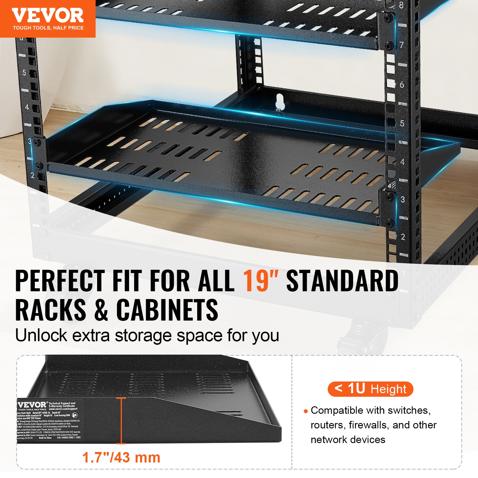 VEVOR Estante para rack de servidor 2 piezas 1U, profundidad de 10"/254 mm, capacidad de carga máxima de 23 kg /50 lb, estante para montaje en pared o en voladizo ventilado con bandeja, buena circulación de aire para gabinete de red de 19" o rack de equipos