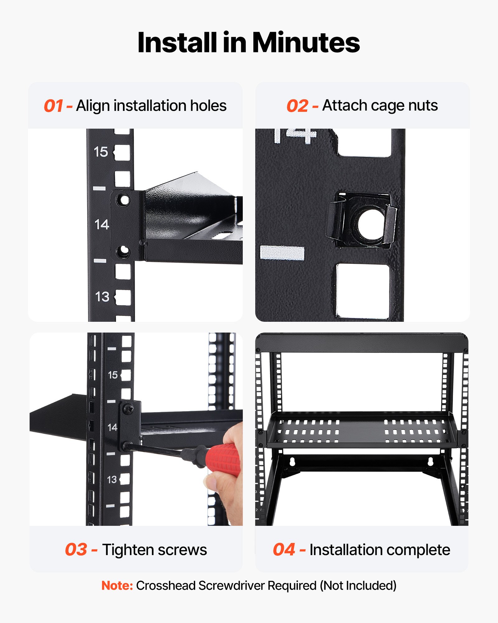 VEVOR Estante para Rack de Servidor de 1U, 4 Unidades, Capacidad de Carga Máxima de 22,68 kg, Ventilación en Voladizo, 25,4 cm de Profundidad, para Equipos de Red Informática con Gabinete de 48,26 cm