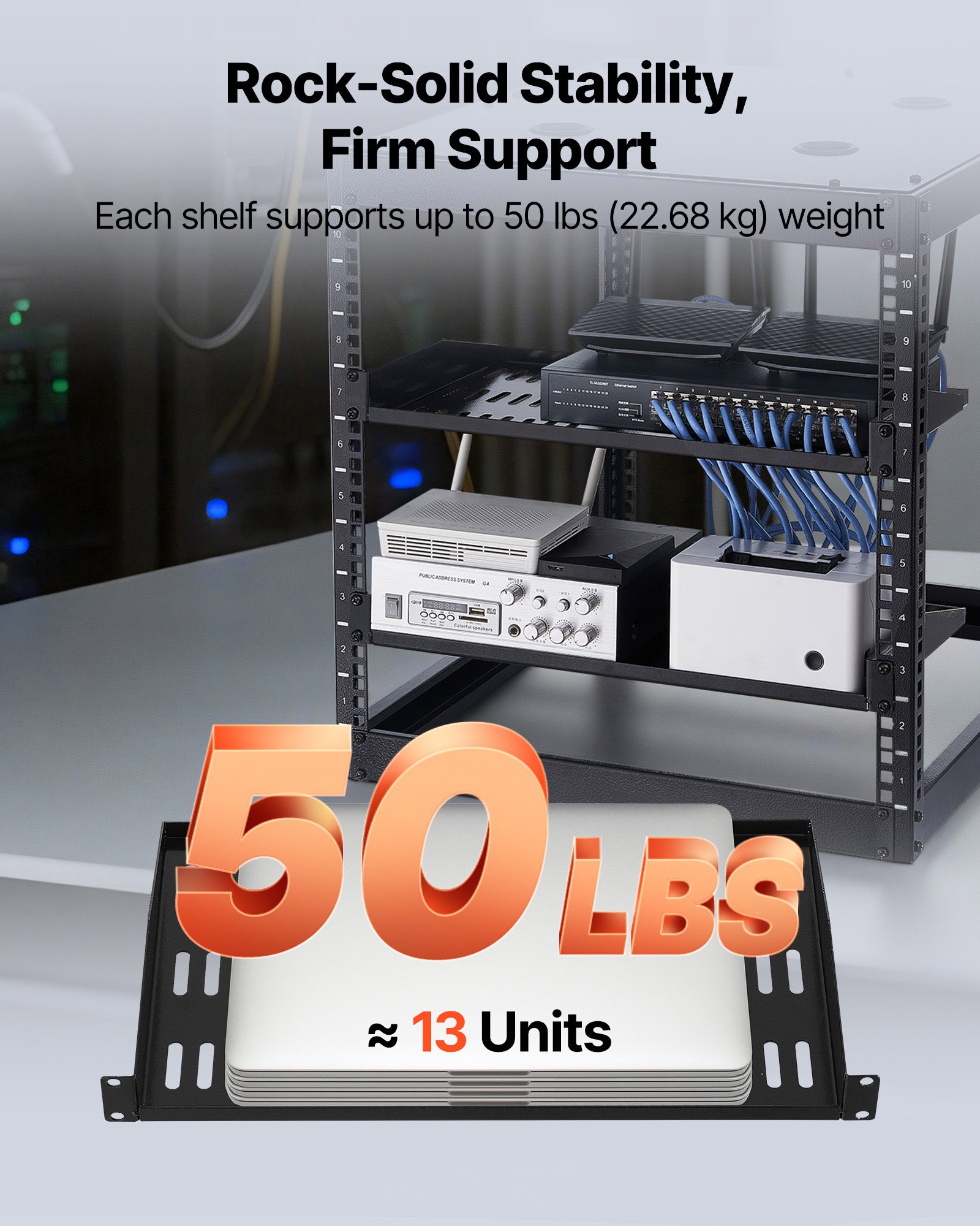VEVOR Estante para Rack de Servidor de 1U, 4 Unidades, Capacidad de Carga Máxima de 22,68 kg, Ventilación en Voladizo, 25,4 cm de Profundidad, para Equipos de Red Informática con Gabinete de 48,26 cm
