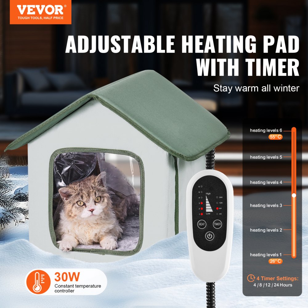 VEVOR Casa para Gatos con Calefacción de 35 x 34 x 40 cm, Refugio para Gatos Plegable Al Aire Libre de Tela Oxford 600D con Almohadilla Térmica, Temperatura Ajustable y Temporizador, Verde (Pequeño)