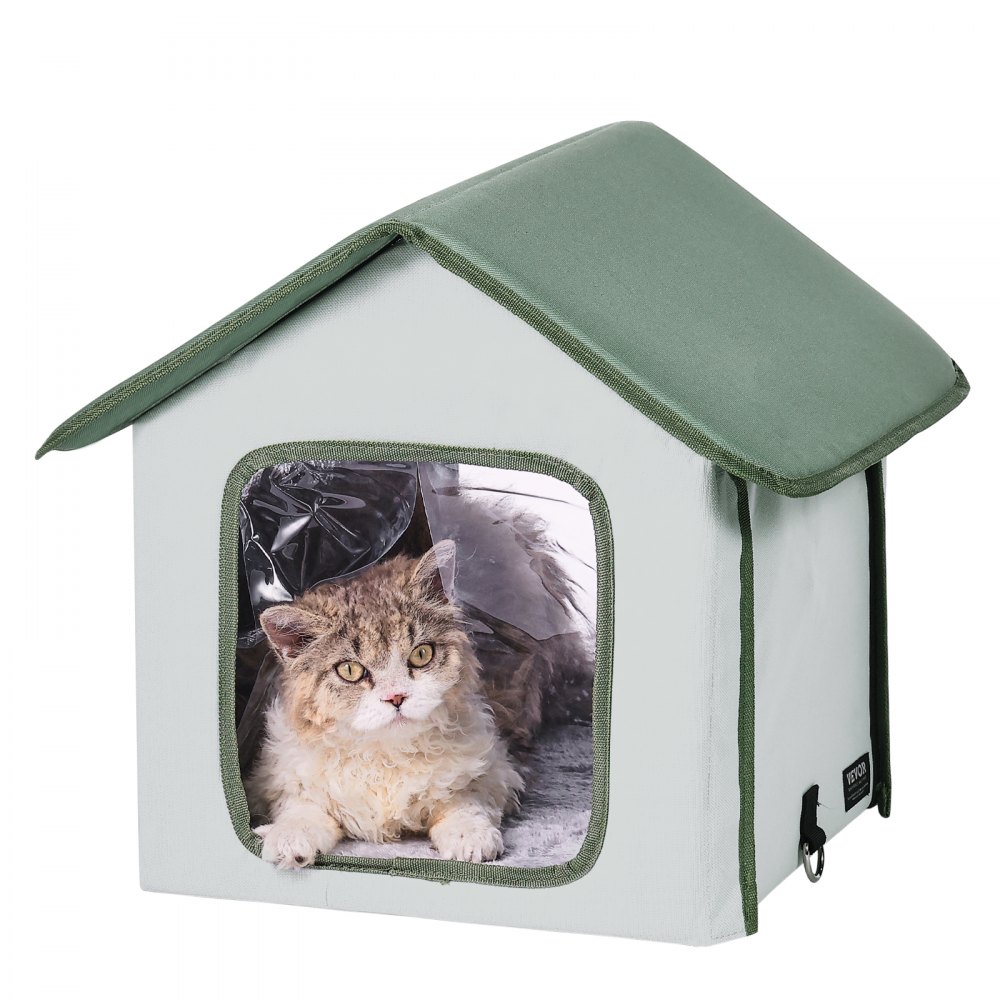 VEVOR Casa para Gatos con Calefacción de 35 x 34 x 40 cm, Refugio para Gatos Plegable Al Aire Libre de Tela Oxford 600D con Almohadilla Térmica, Temperatura Ajustable y Temporizador, Verde (Pequeño)