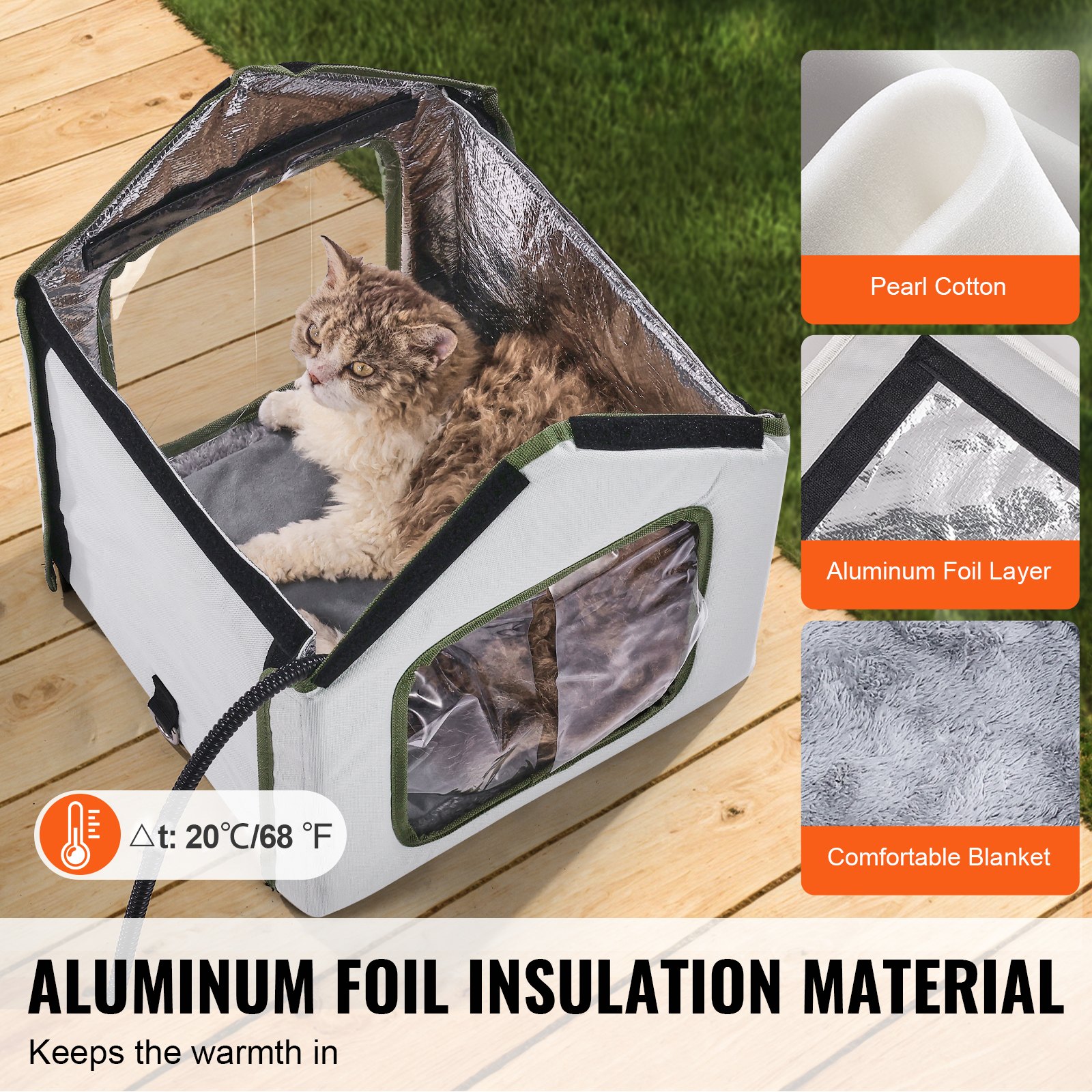 VEVOR Casa para Gatos con Calefacción de 35 x 34 x 40 cm, Refugio para Gatos Plegable Al Aire Libre de Tela Oxford 600D con Almohadilla Térmica, Temperatura Ajustable y Temporizador, Verde (Pequeño)