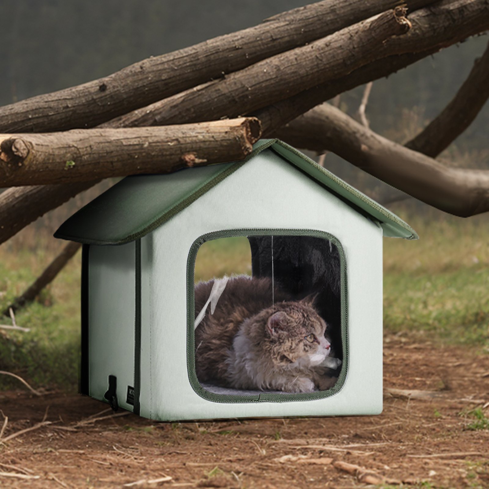 VEVOR Casa para Gatos con Calefacción de 35 x 34 x 40 cm, Refugio para Gatos Plegable Al Aire Libre de Tela Oxford 600D con Almohadilla Térmica, Temperatura Ajustable y Temporizador, Verde (Pequeño)